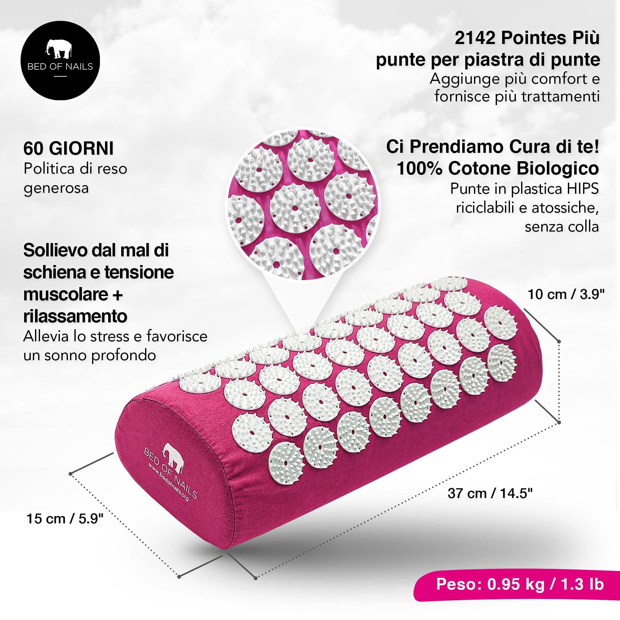 Bed of Nails Originale Digitopressione Cuscino, 2,142 Punte Agopuntura Massaggio Cuscino per Collo e Spalla Dolore, Stress e Schiena Dolore Sollievo, Trasporto Borsa, 38 x 15 x 10, Rosa