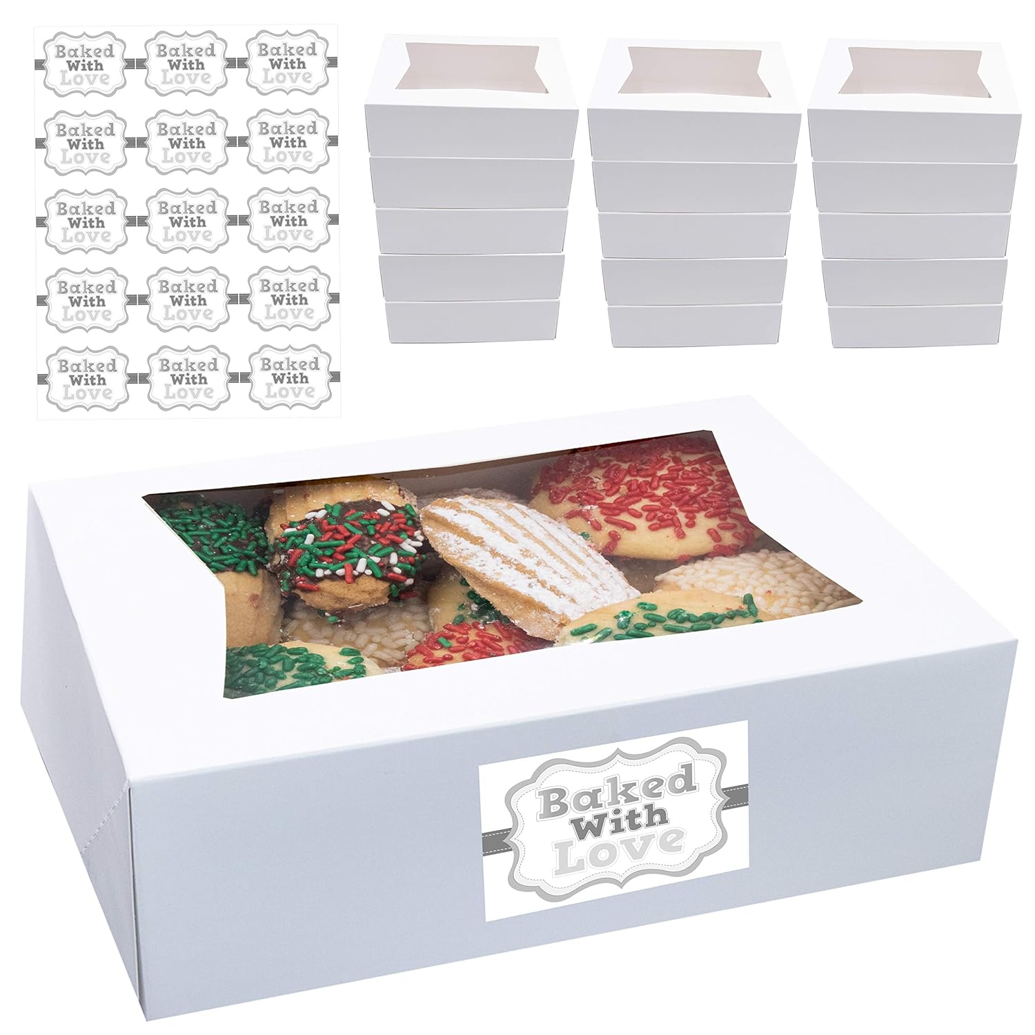 Cookie Boxes with Window 8" x 5.75" x 2.5" Cake Pastry Bakery Box 20 pk Baked with Love Sticker Labels Cookie Boxes with Window 8" x 5.75" x 2.5" Cake Pastry Bakery Box 20 pk Baked with Love Sticker Labels