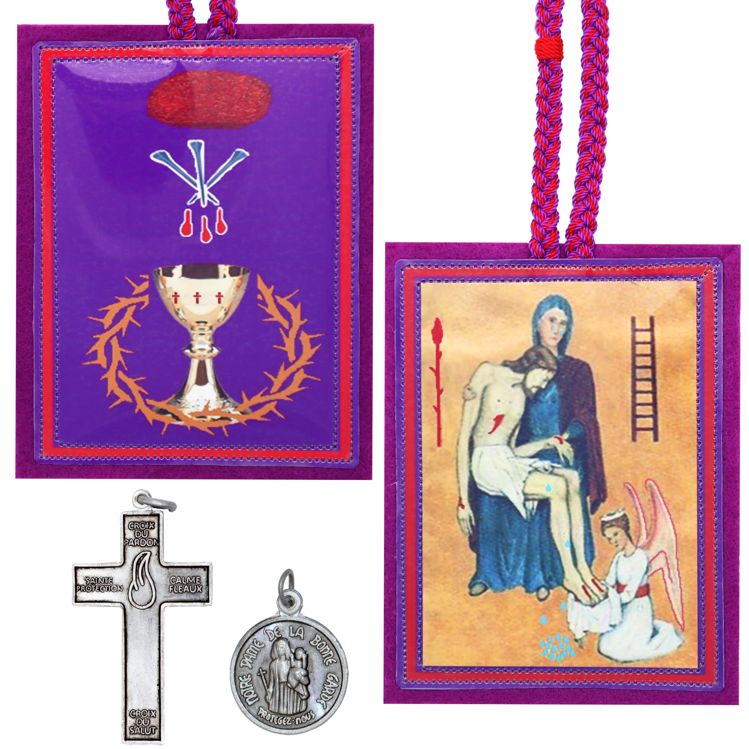 Tierra EspirituosaPurple Scapular Catholic Marie Julie Jahenny of Benediction and Protection Cross of Forgiveness and Medal of Our Mother of Good Guard Escapulario Morado Catolico