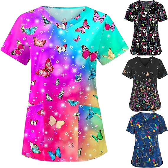 OIOLOYJM Printed Scrub Tops Women V Neck Short Sleeve Plus Size Scrubs for Womens Nursing Uniforms Shirts with Pockets