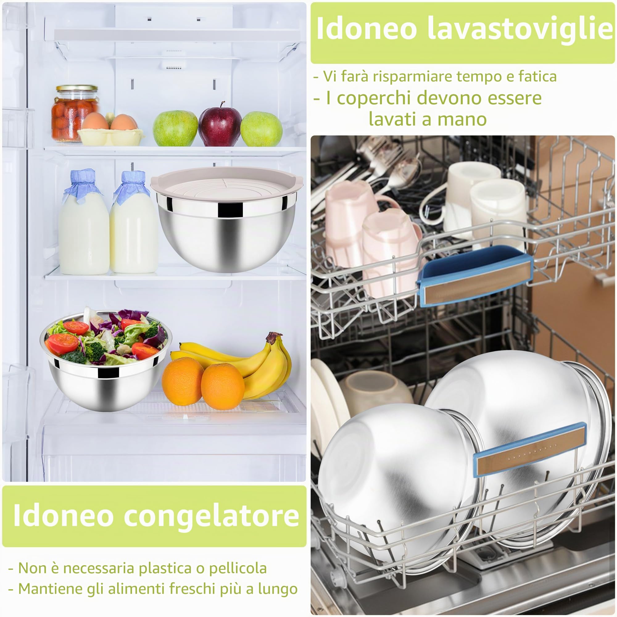 HaWare Set di 3 ciotole per insalata, in acciaio inox, con coperchio ermetico, perfette per cottura/cucina/preparazione, impilabili e lavabili in lavastoviglie, 4,5 l, 2,7 l, 1,5 l, colore cachi