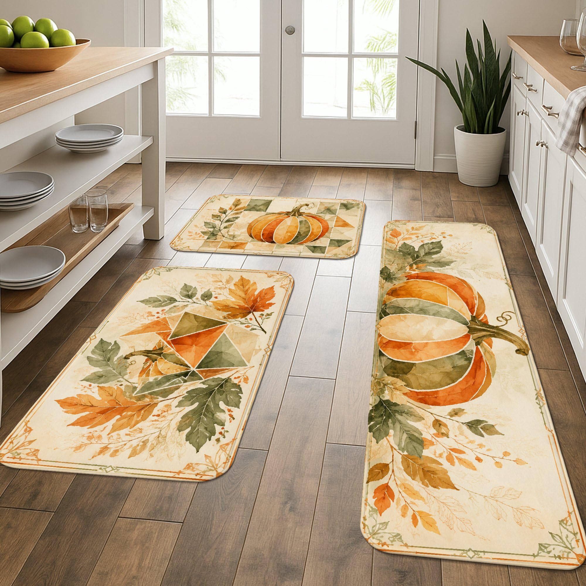 Tapis de cuisine haut de gamme orange à motif géométrique