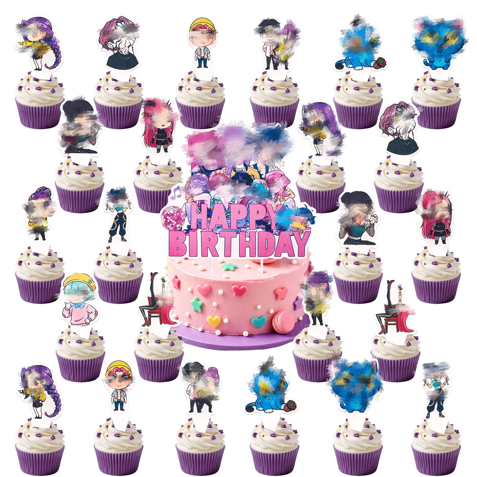 25pcs Cake Decoration Set, with 24pcs Cupcake Toppers, 1pcs Cake Topper, Birthday Party Decorations Supplies Cartoon Character Party Decorations for Kids Fans