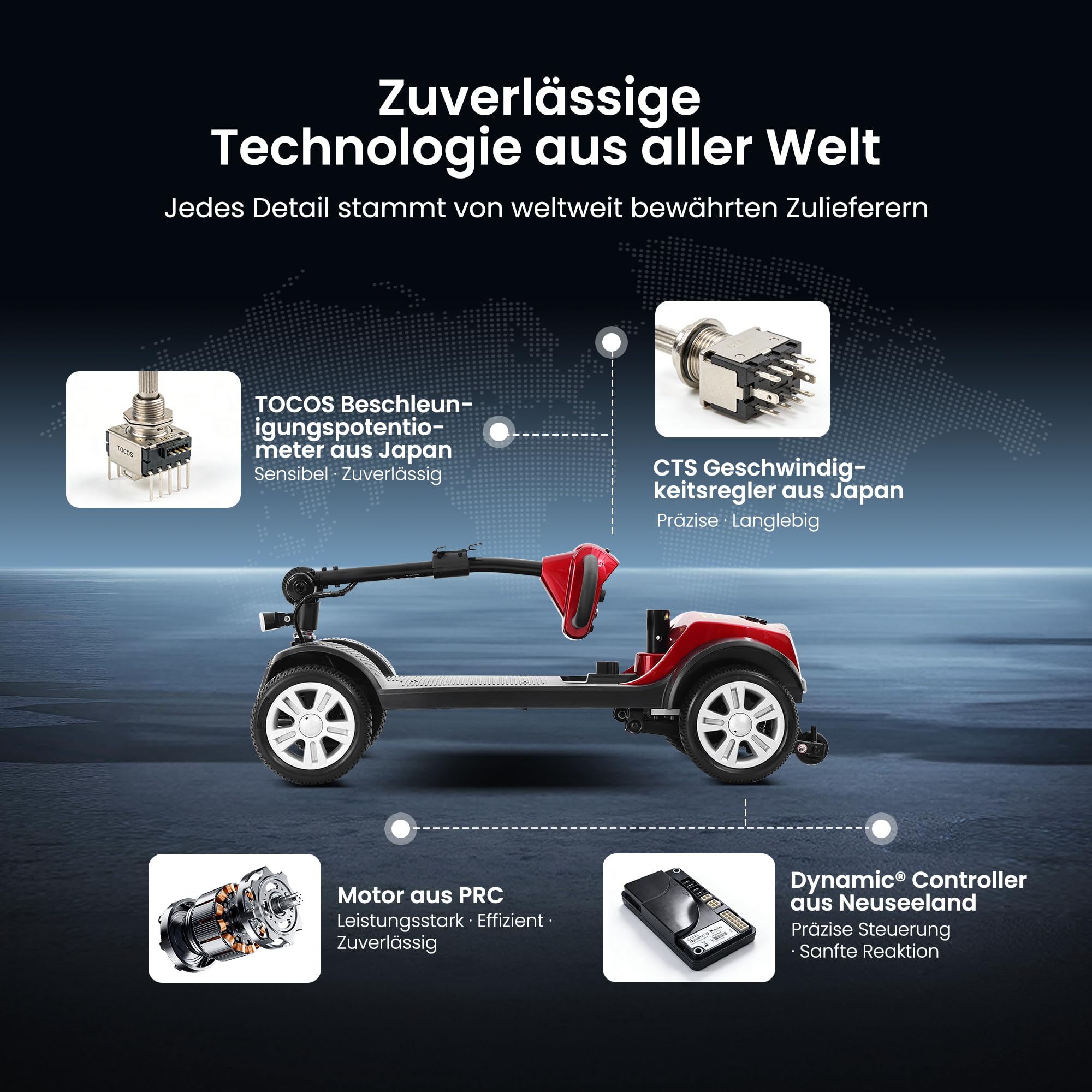 Rollstuhl Elektrisch Faltbar für Senioren Elektro Rollstuhl mit 360° Drehsitz 20km Reichweite Intelligenter Bremse Inkl LED Scheinwerfer,Ladegerät Rot.