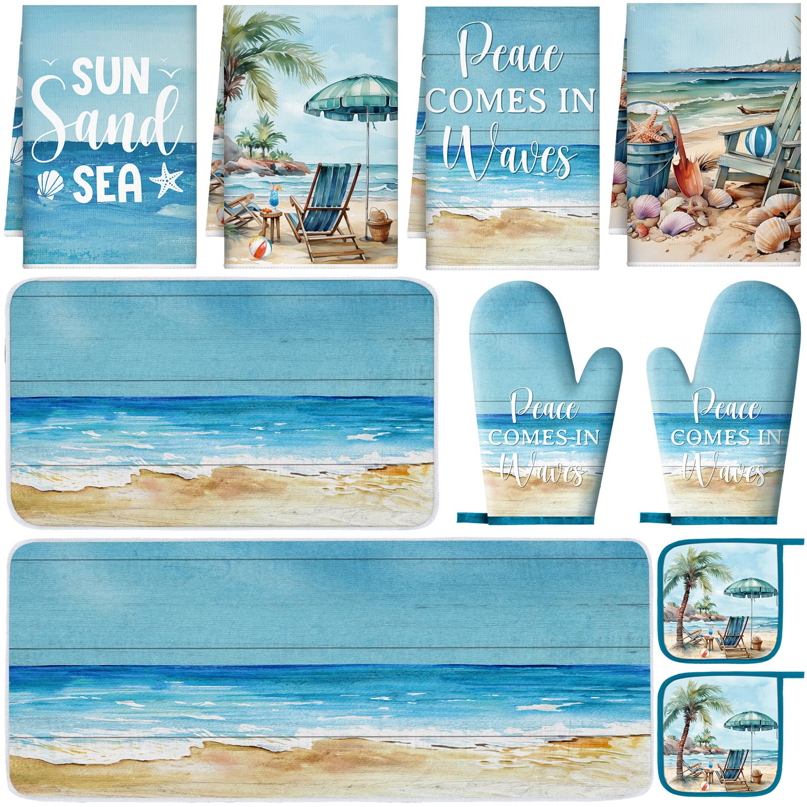 Photo 1 of 10 Pcs Beach Coastal Kitchen Decor Sets 4 Summer Kitchen Dish Towels 2 Vintage Pot Holders 2 Ocean Sea Oven Mitts Glove 2 Rustic Non Slip Rugs and Mats for Floor Home Decorations Accessories Mom Gift