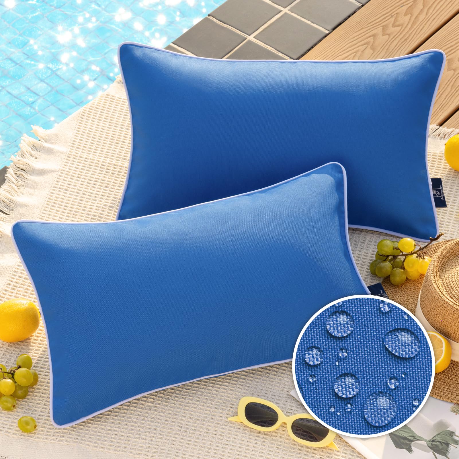 Phantoscope Pack of 2 Outdoor Waterproof Solid Throw Decorative Pillow Cover Decorative Square Outdoor Pillows Cushion Case Patio Pillows for Couch Tent Sunbrella, Blue 12x20 inches 30x50 cm