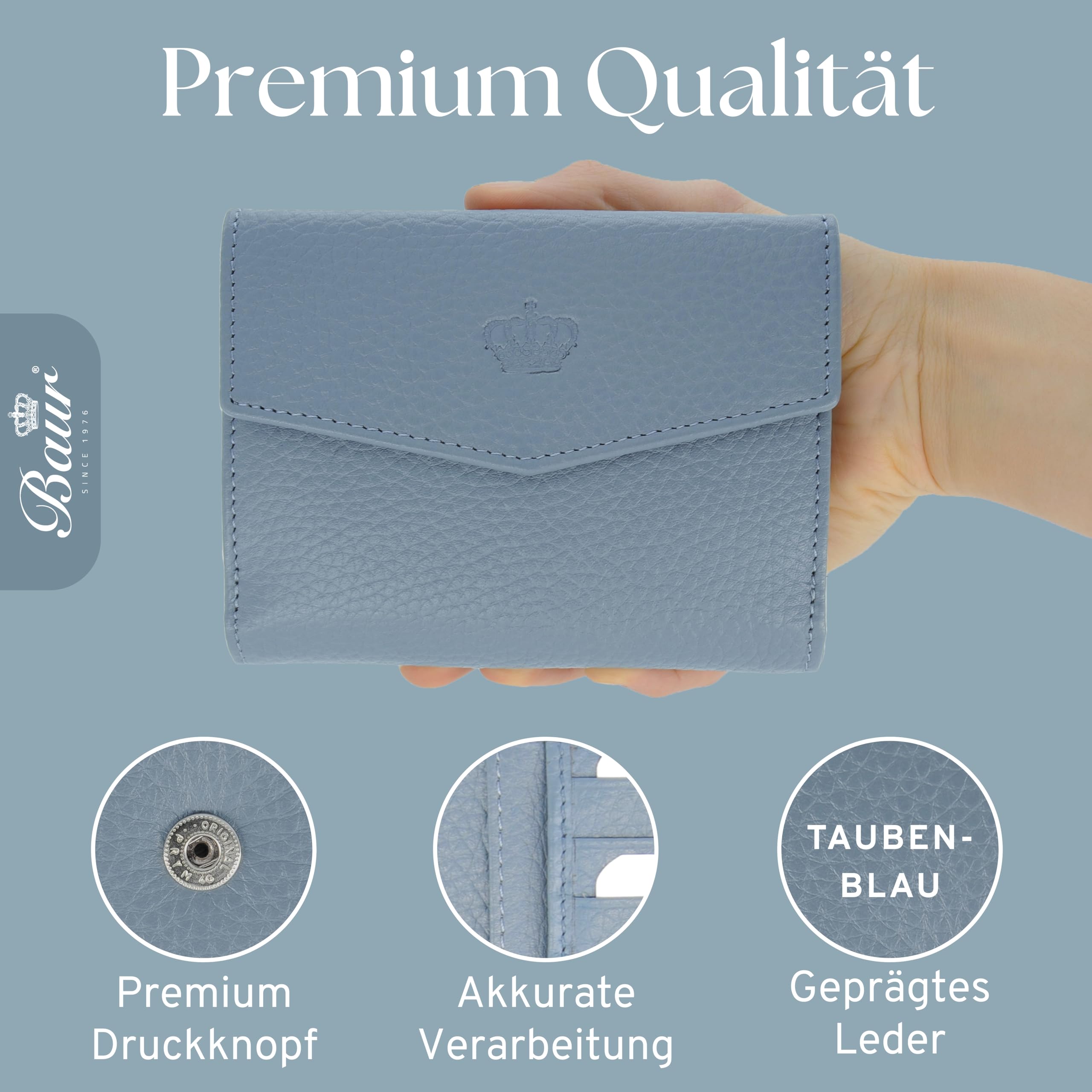 Baur - Damen Geldbörse aus echtem Leder mit RFID-Schutz (Tauben-Blau) | Kleines Portemonnaie, 6 Kartenfächer, Druckknopfverschluss, Münzfach mit Druckknopf, geprägtes Rindsleder