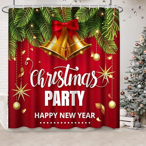 Miniatura 2 de ArtSocket Juego de baño de Feliz Navidad con cortina de ducha y accesorios de alfombras, cascabeles dorados de cascabel, cortina de ducha clásica