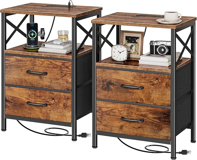 Huuger Nightstands Set of 2, Night Stand with Charger Station, 2 Drawer Side Table with Open Shelf, USB-C Port, End Table for Small Spaces, X Shaped Side Rail, Rustic Brown