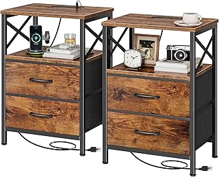 Huuger Nightstands Set of 2, Night Stand with Charger Station, 2 Drawer Side Table with Open Shelf, USB-C Port, End Table  Price In India
