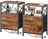 Huuger Nightstands Set of 2, Night Stand with Charger Station, 2 Drawer Side Table with Open Shelf, USB-C Port, End Table for Small Spaces, X Shaped Side Rail, Rustic Brown