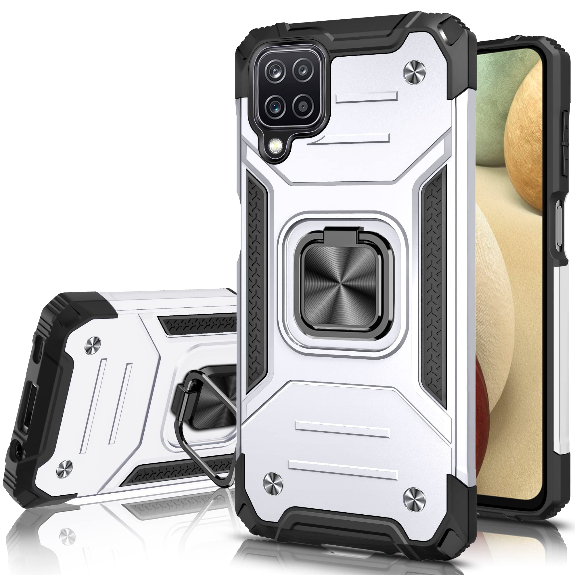 Honeyview Shockproof Case for Samsung A12 M12 with Screen Protector and Ring Kickstand, Compatible with Magnetic Car Mount Holder, TPU Bumper Armour Phone Cover for Galaxy A12 M12 - Silver White