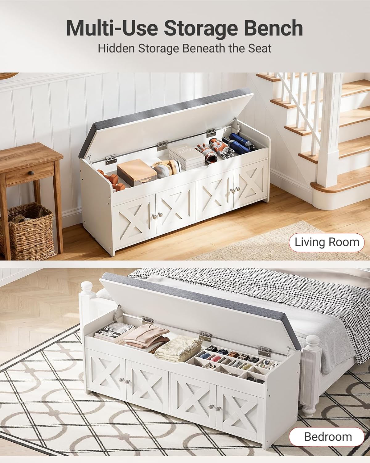 Pipishell 2-Tier Shoe Storage Bench with Cushioned Seat, Entryway Bench with Adjustable Shelf & Barn Doors, 300 lbs Capacity, 47.2" W x 15" D x 18" H, for Entryway, Bedroom, Living Room, White