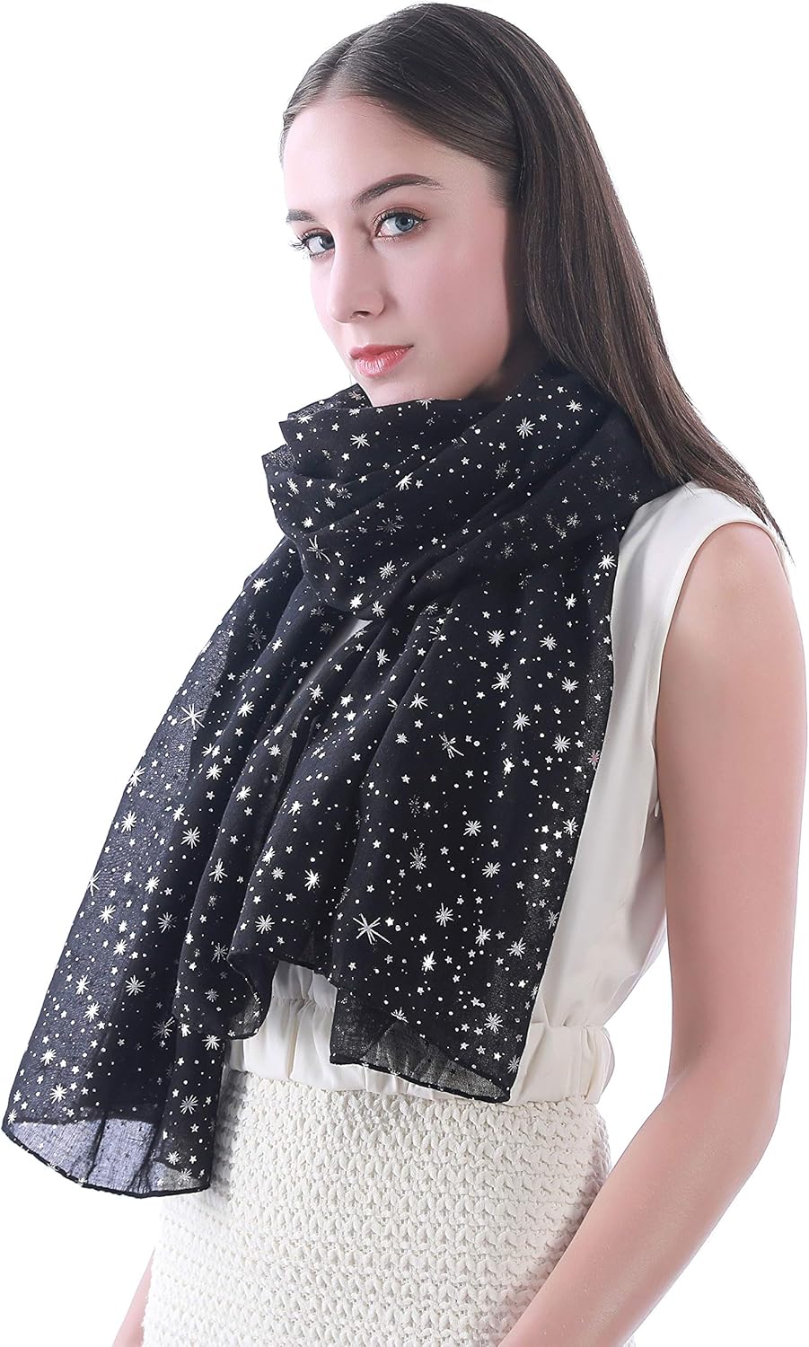 Silver Gold Glitter Shimmer Sparkle Foil Star Print Women's Scarf Shawl Wrap Lightweight - Image 2