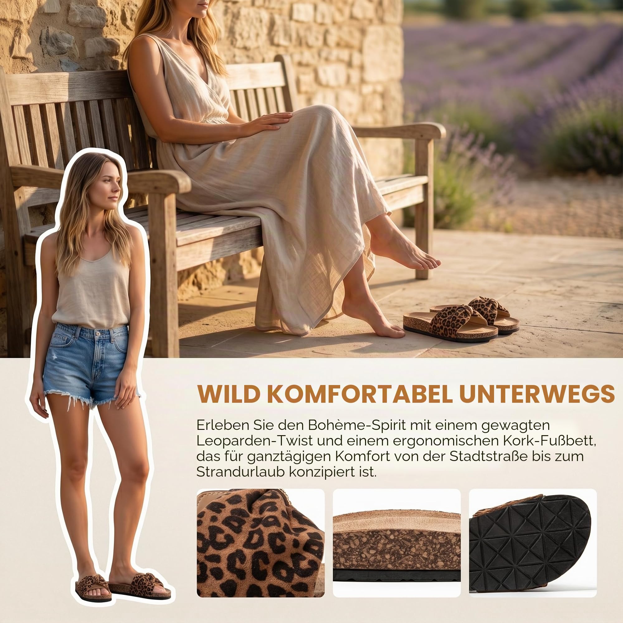 JOMIX Pantoletten Damen Sommer Kork Clogs Fliege Strandsandalen Sommerschuhe Bequeme Strand Sandalen