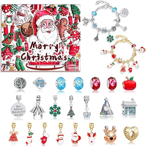 Calendario de Adviento de Navidad para niñas, calendario de cuenta regresiva de 24 días, juego de pulseras de bricolaje para hacer joyas, regalo