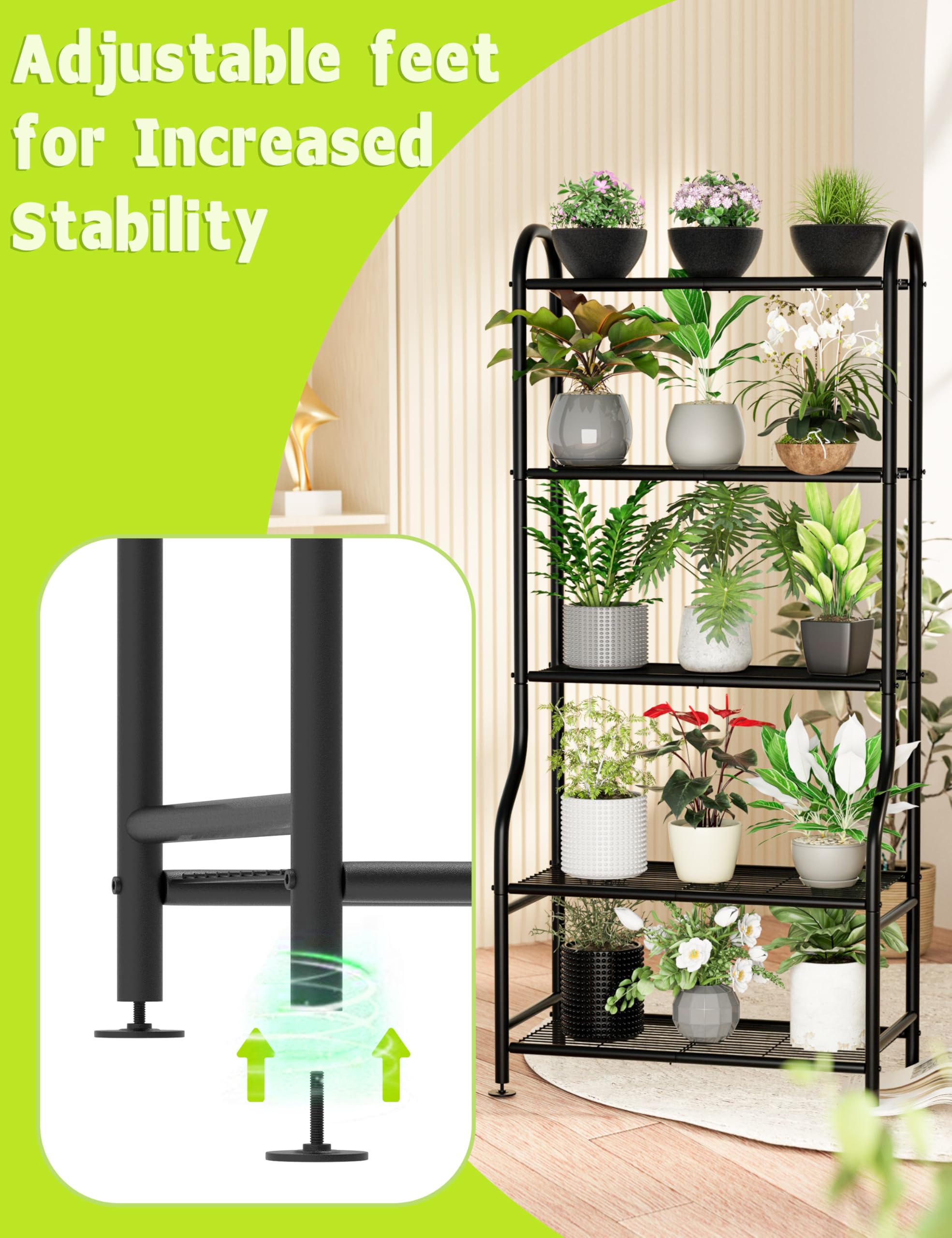 Soporte de metal para plantas de 5 niveles para interiores y exteriores, soporte de flores impermeable para múltiples macetas, soportes de plantas resistentes para sala de estar, patio 2