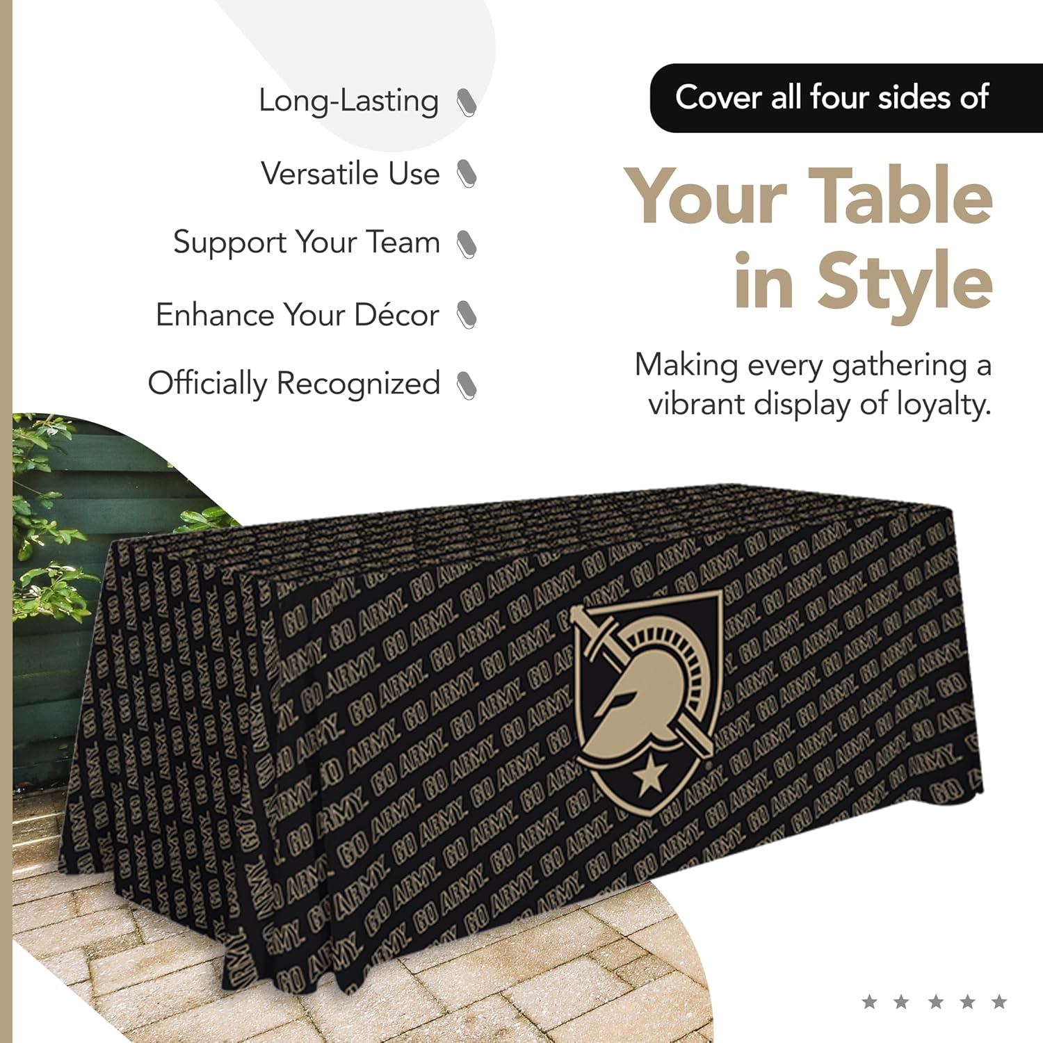 Victory Corps Army Black Knights College Sports Printed Table Throw - NCAA Licensed - Polyester - School Tablecloth (Black, Gold) (6' Draped)