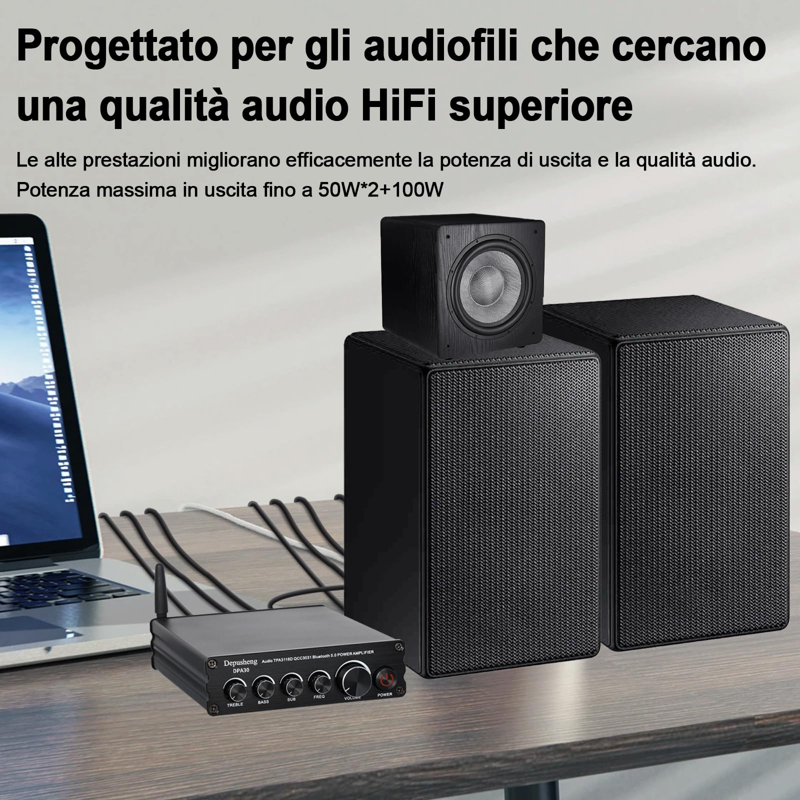 Depusheng DPA30 Amplificatore ricevitore audio 2.1 canali Mini Hi-Fi Bluetooth 5.0 Amplificatore componente audio 50 W x2+100 W per altoparlanti passivi da esterno/subwoofer Subwoofer alimentato