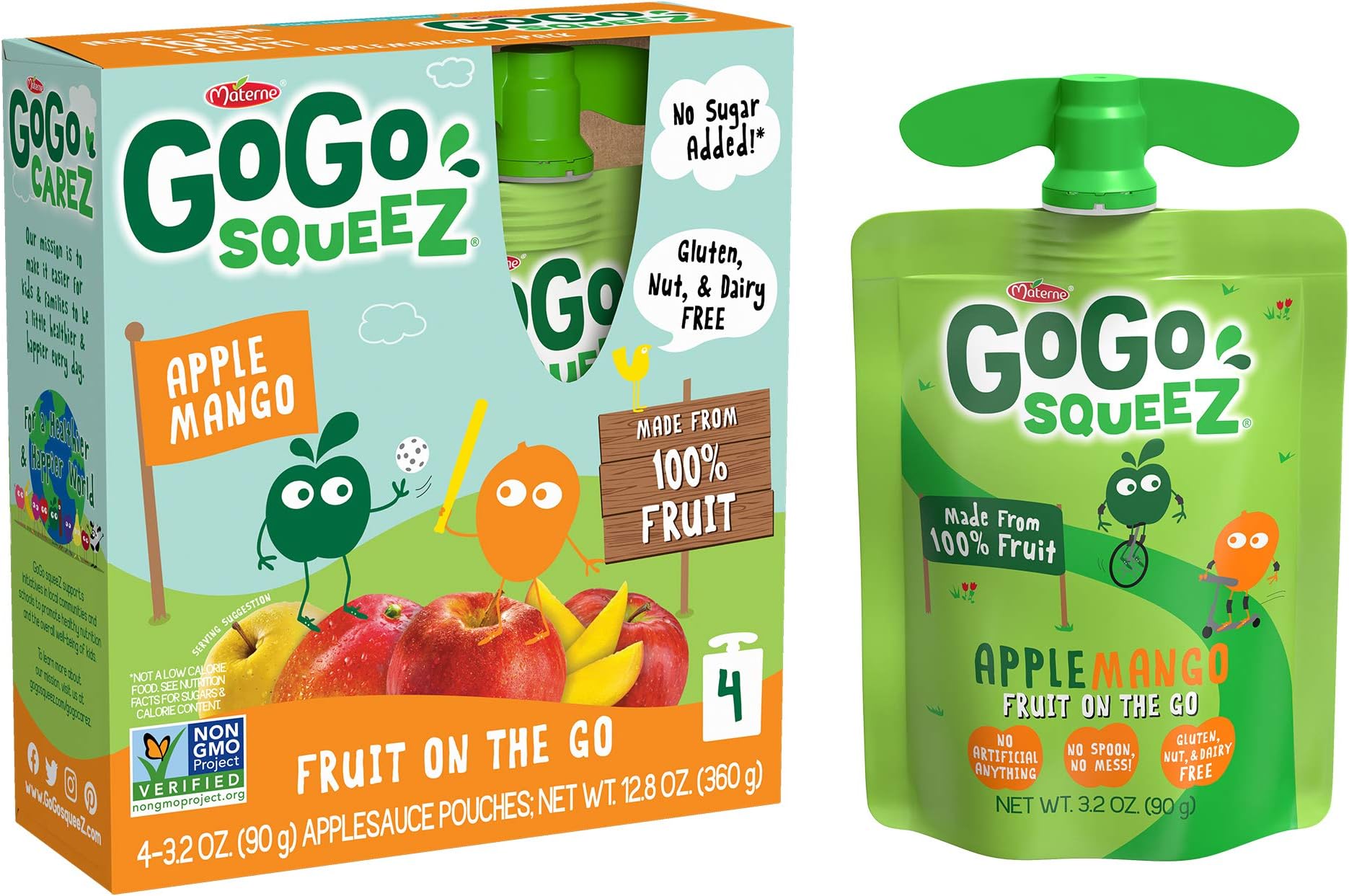 GoGo squeeZ Applesauce, Apple Mango, 3.2 Ounce (4 Pouches), Gluten Free, Vegan Friendly, Unsweetened Applesauce, Recloseable, BPA Free Pouches