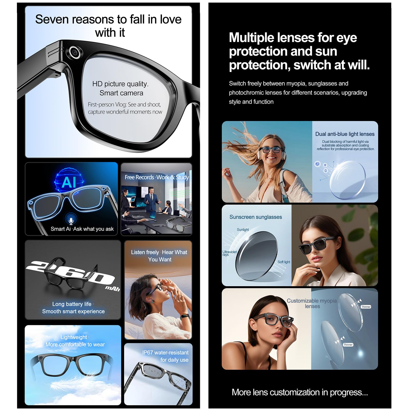 Lunettes connectées, Lunettes connectées avec caméra, étanches IP65 | Appels Bluetooth | Lecture de Musique | Reconnaissance d'images | Photo | Vidéo | Enregistrement(Parent,A)