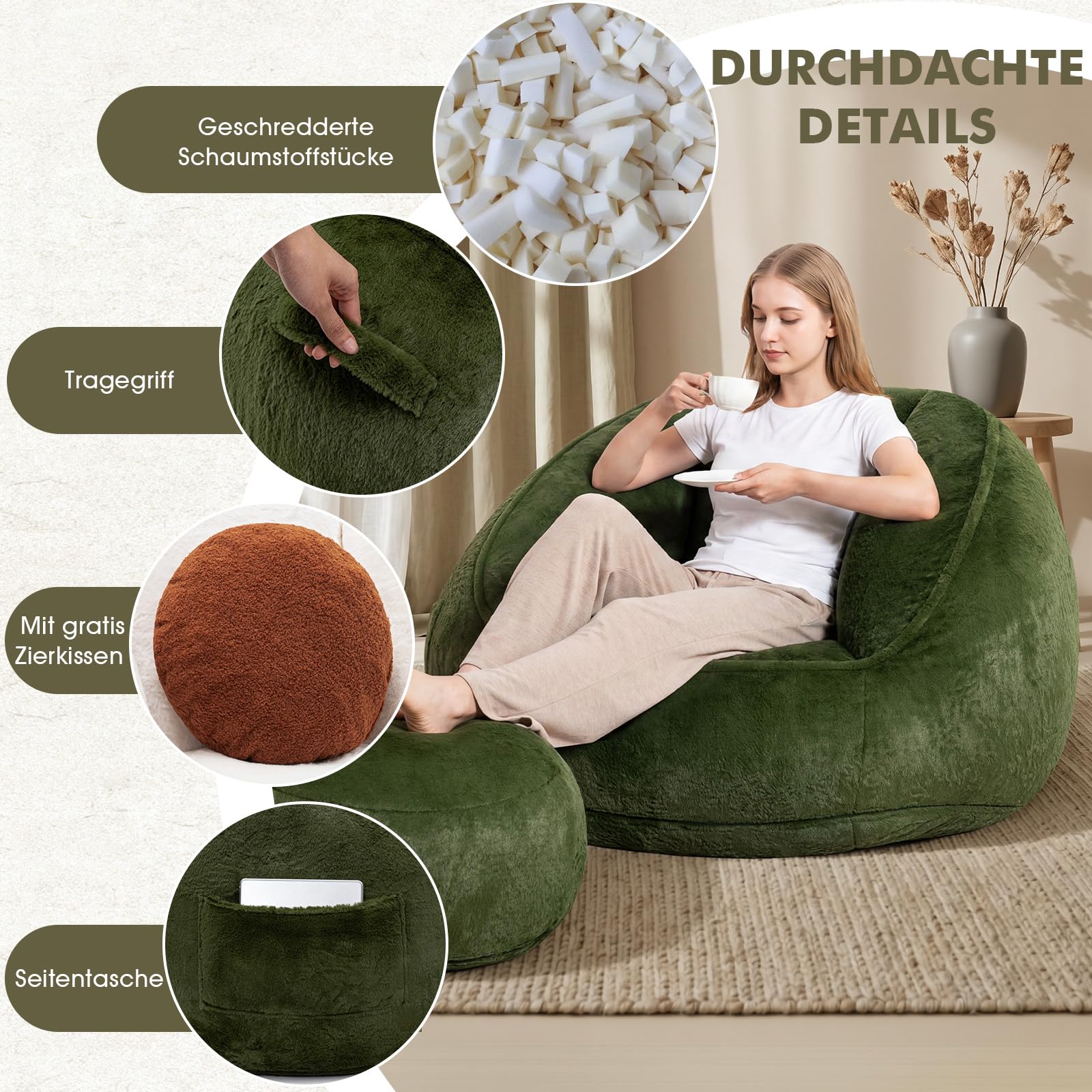 HOMMPA XXL Sitzsack mit Hocker und Füllung für Erwachsene,Grün