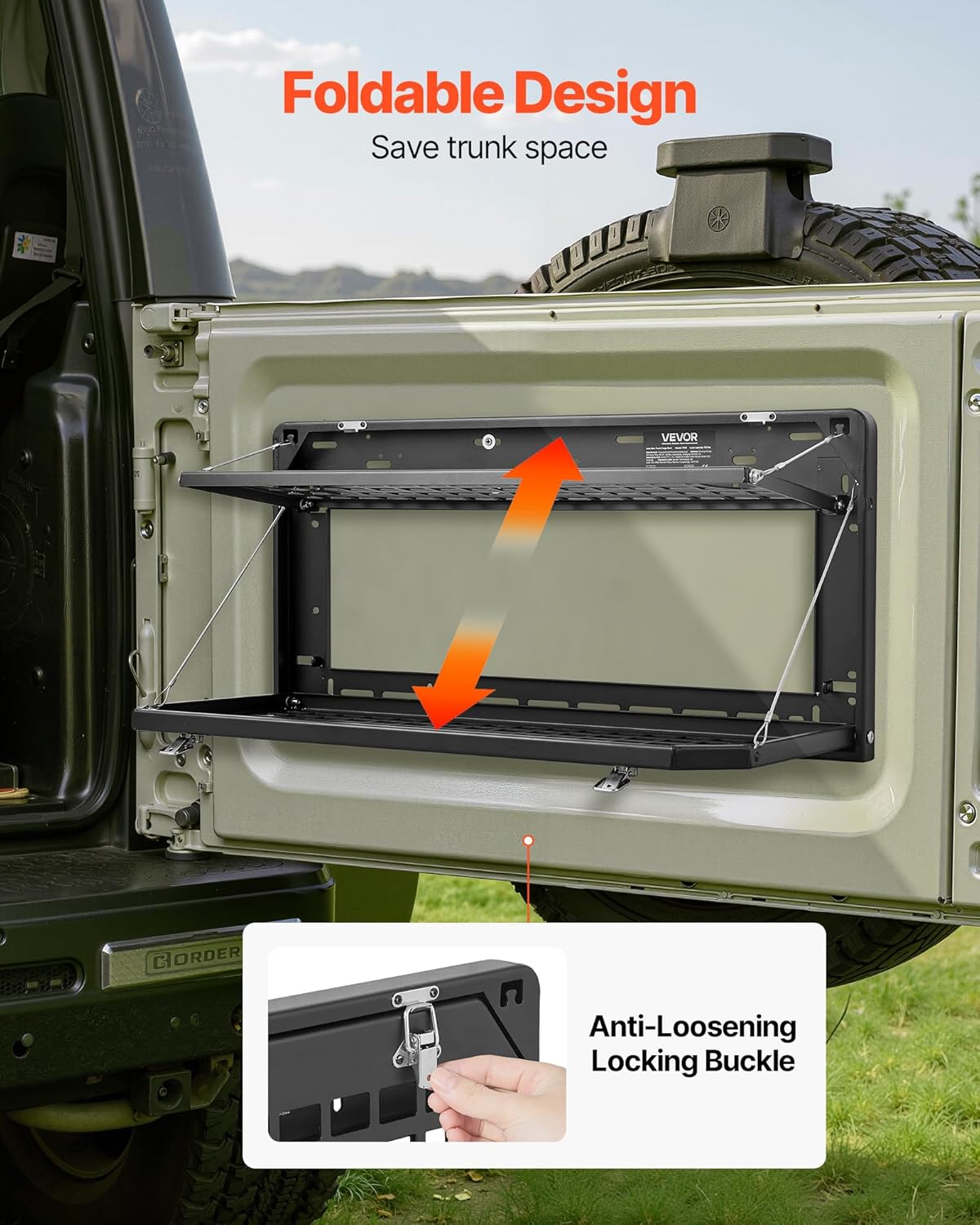 VEVOR Tailgate Table for Jeep Wrangler JL 2019 - Present, Carbon Steel Foldable Molle Panel Double-Layer Drop Down Table, Rear Cargo Storage Rack Shelf Luggage Holder Carrier Camping Accessories