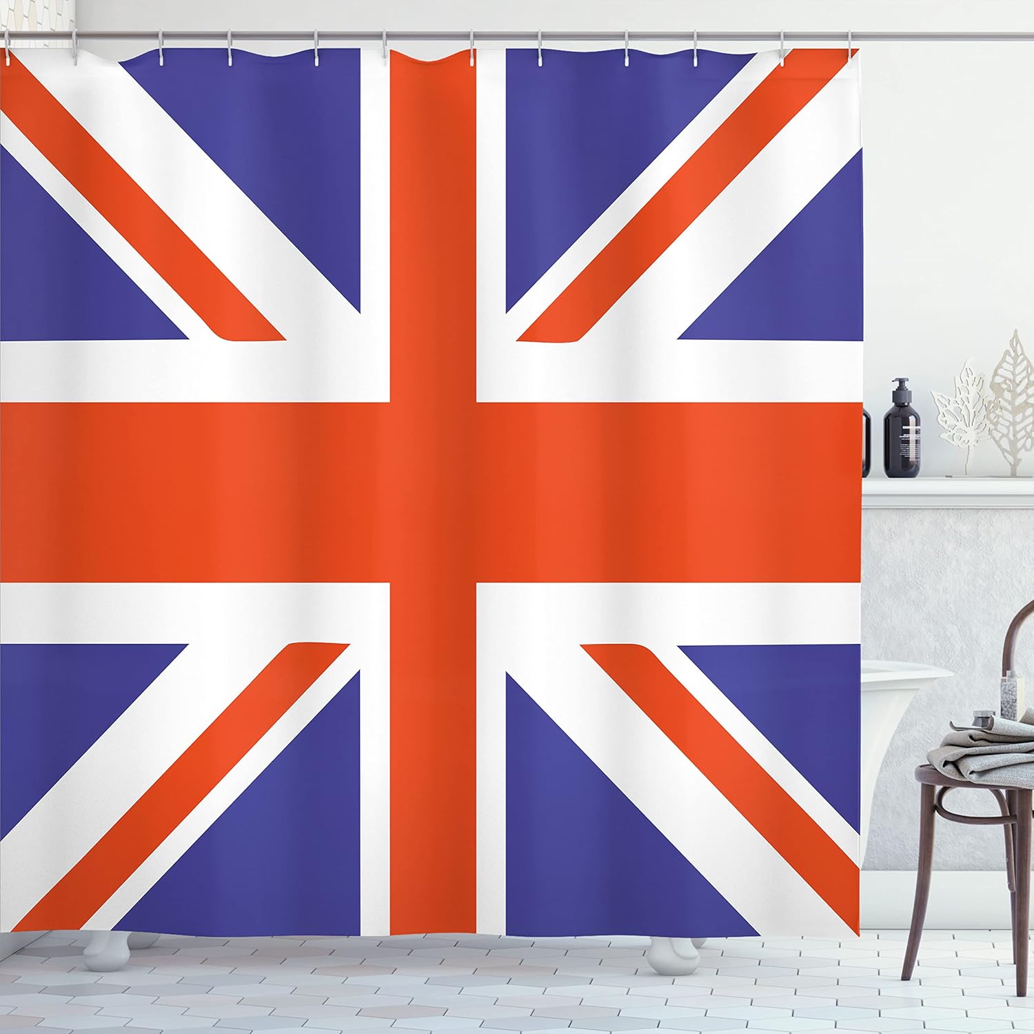 Ambesonne Union Jack Shower Curtain, Classic Traditional Flag United Kingdom Modern British Loyalty, Cloth Fabric Bathroom Decor Set with Hooks, 69" W x 70" L, Royal Blue White