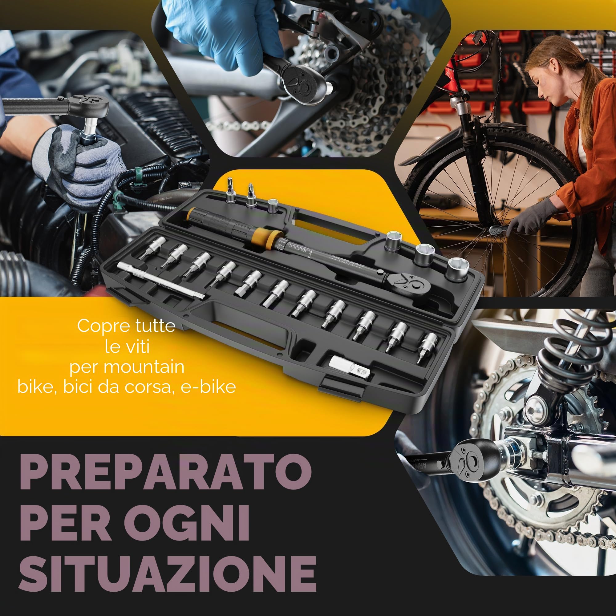 Set di chiavi dinamometriche per bicicletta, 1 – 25 Nm, 20 pezzi, 1/4 pollici, per bici da corsa, MTB, moto e bici, meccanismo a scatto di precisione ± 2%, con punta HEX, Torx e certificato di