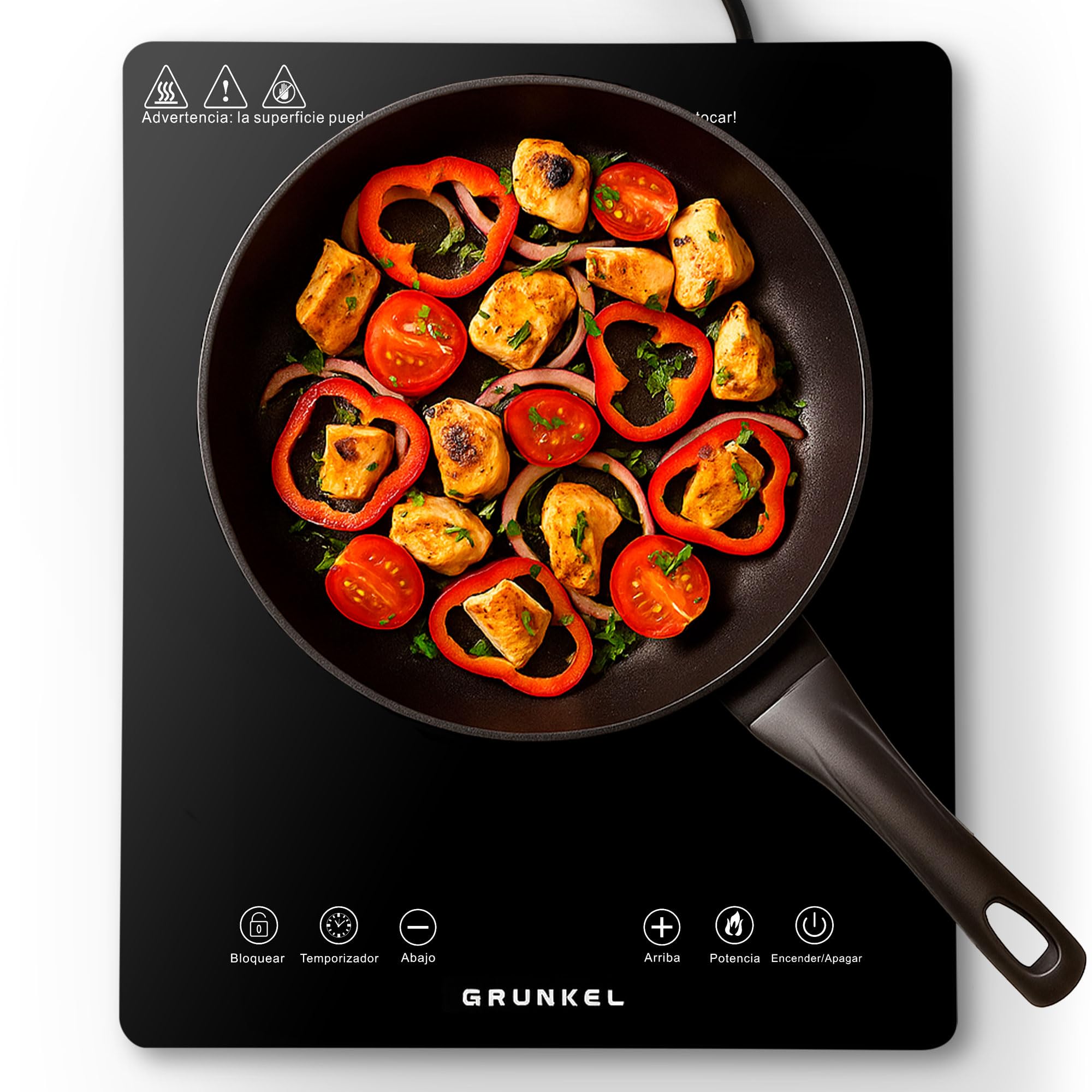 Grunkel - Placa inducción portátil con Controles táctiles y 8 Niveles de Potencia - PIN-2000 - Autoapagado de Seguridad y Bloqueo Infantil - 2000 W - Cocina Para camper, viajes y campings. Negro