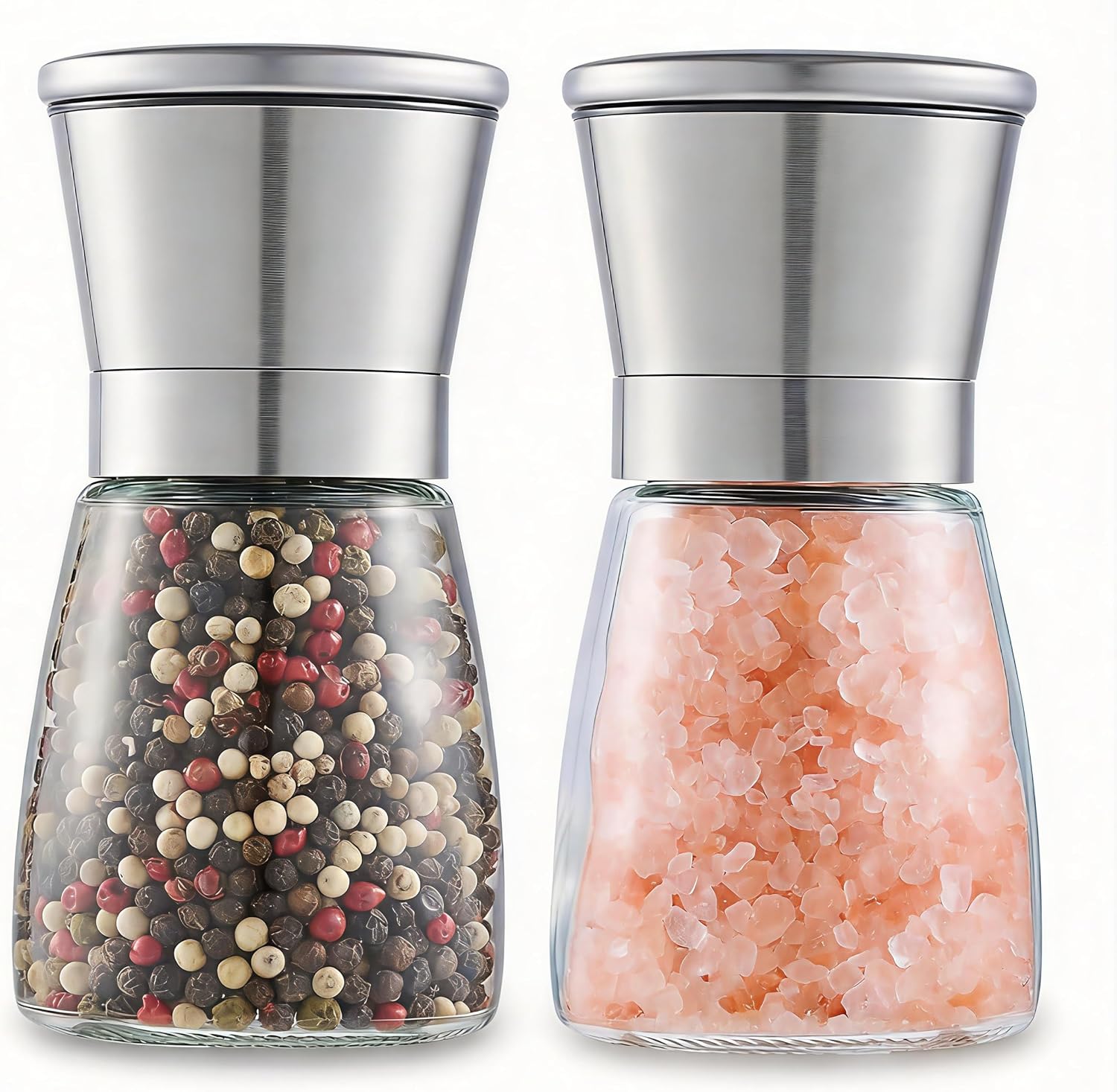 Gorgeous Salt & Pepper Grinder Set — Refillable Stainless Steel & Glass Spice Mill with Adjustable Coarseness - Perfect For Himalayan Or Sea Salts, Fresh Ground Pepper, Or Fresh Spices (2 Pack)