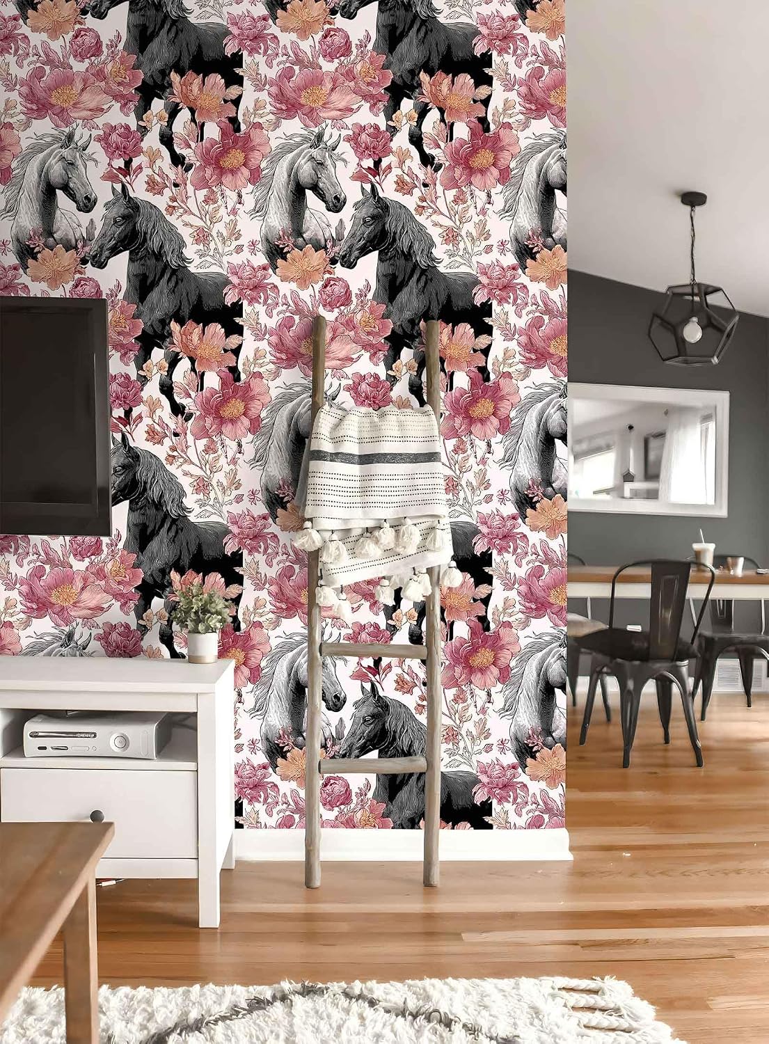 Horse Wallpaper – Vintage Floral Peel and Stick Wallpaper with Horses and Blossoms for Home Decor | 17.7" x 236", Self-Adhesive, Waterproof Vinyl
