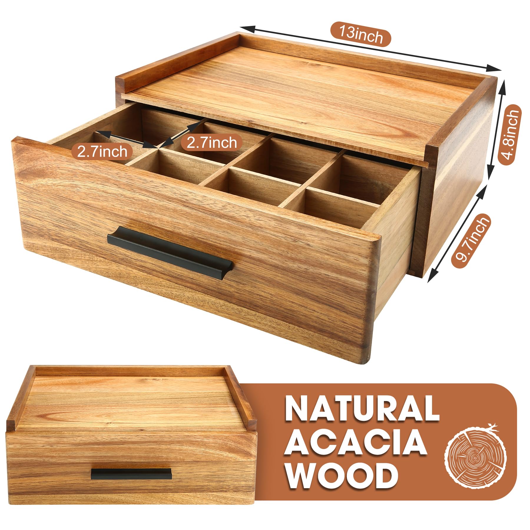 Organisateur de sachets de thé en Bois d'acacia - Boîte à thé avec 12 Compartiments, Coffret de Rangement avec tiroir, Accessoires pour thé et Rangement des sachets, Station de thé pour comptoir