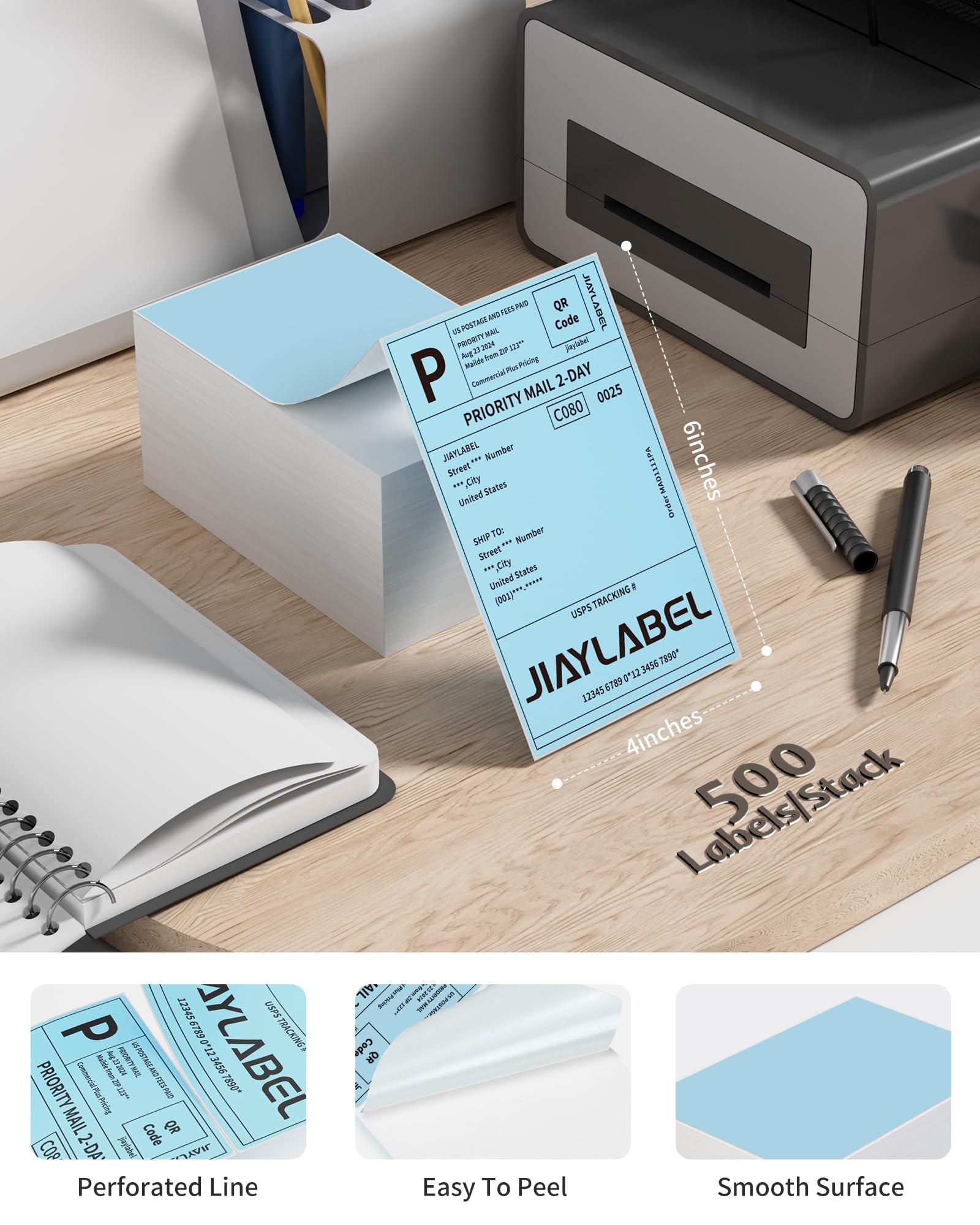 4x6 Etichette di spedizione termica per spedizioni postali carta per stampante termica diretta per etichette USPS Indirizzo UPS Big Packing Fanfold Colore blu 500 etichette/stack, 1 pila