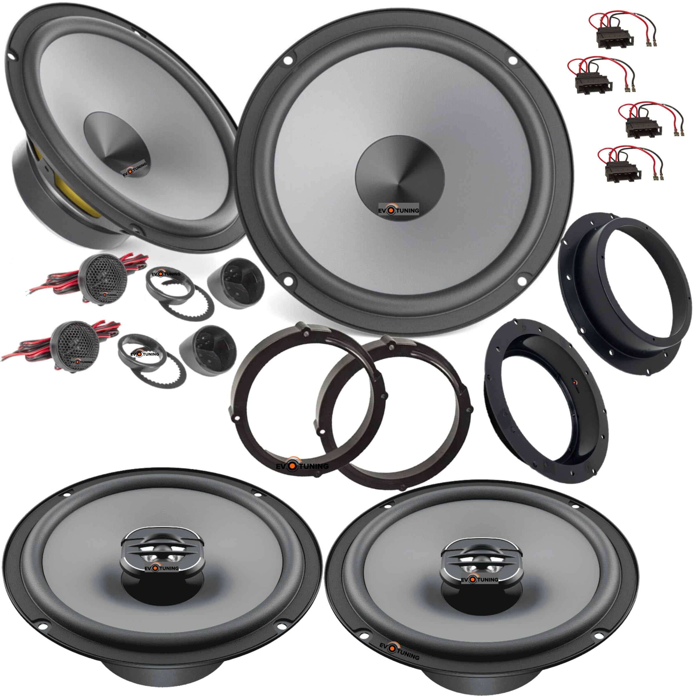 Kit 6 Casse Altoparlanti per VW Tiguan dal 2007 al 2024 compatibile con Hertz K165+X165 Anteriori e Posteriori con Set 4 Anelli + 4 Connettori Adattatori