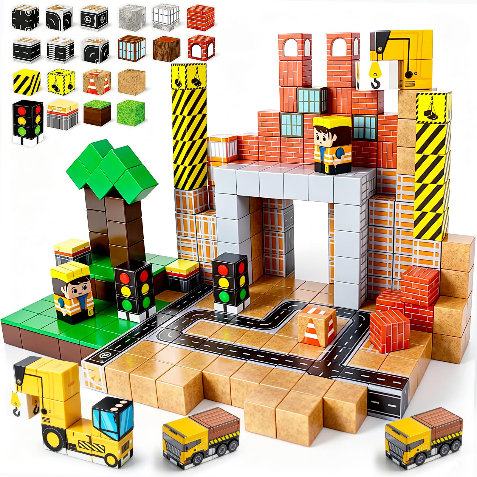 Tcvents Magnetic Building Blocks Road 100Pcs with Car STEM Toddler Kids Toys, Stacking Cube Games Tiles Construction Toys for Kids Ages 3+, Christmas Birthday Gifts for Boys Girls