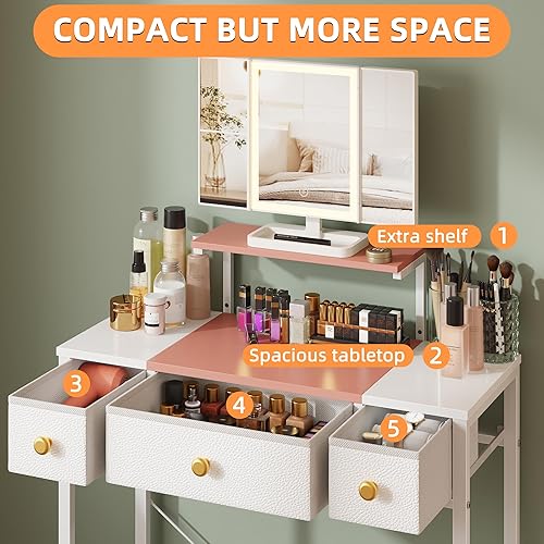 Miniatura 4 de Small Makeup Vanity Desk 27.5''W with Mirror and Lights, Vanity Desk with 3 Fabric Drawers and Height-Adjustable Stand, Vanity Table for Girls