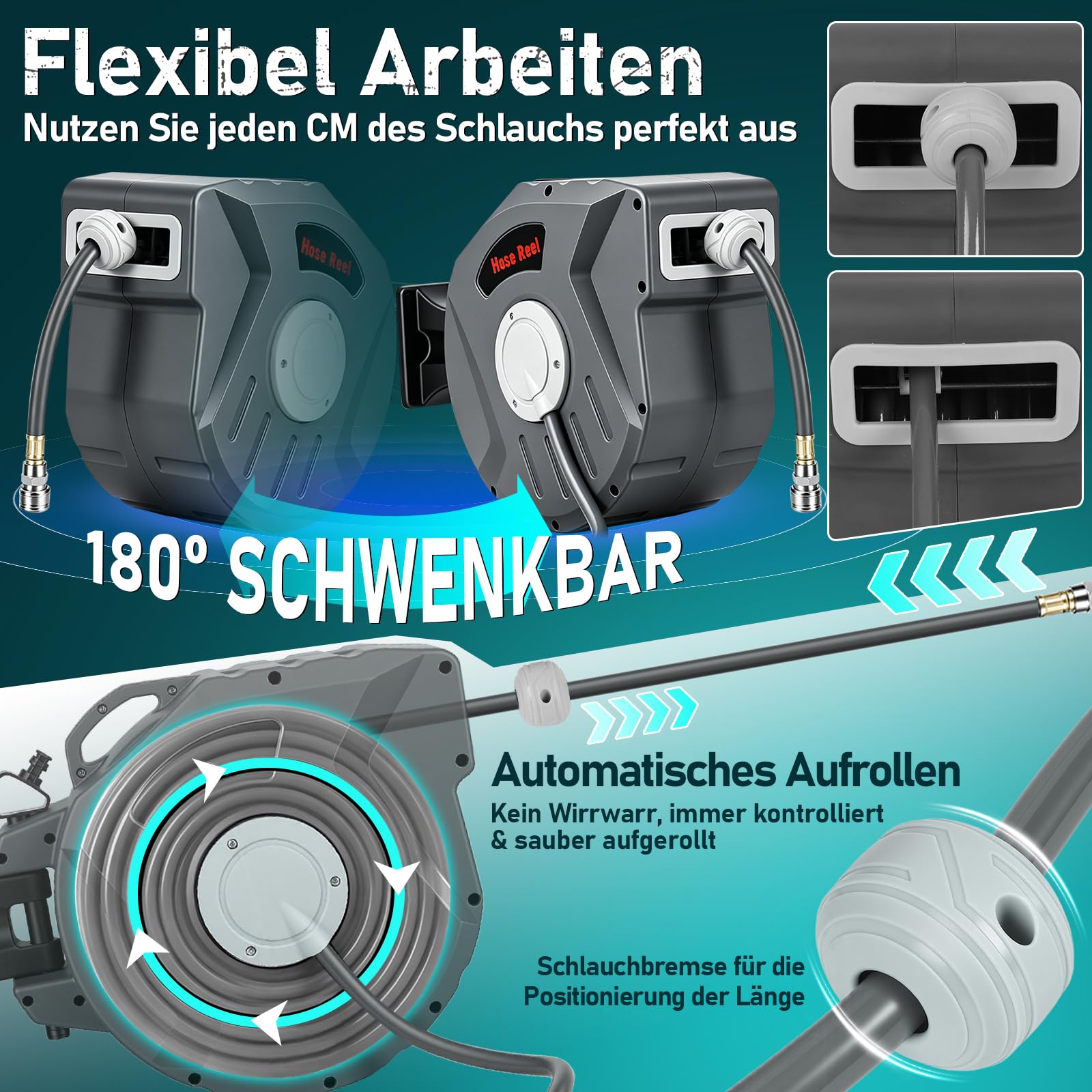 Druckluftschlauchtrommel 20m, Schlauchaufroller Druckluft mit 1/4 Zoll Schnellkupplung,max. Druck:18 bar,Druckluftschlauch Aufroller für Kompressor Werkstatt,Wandhalterung 180° schwenkbar