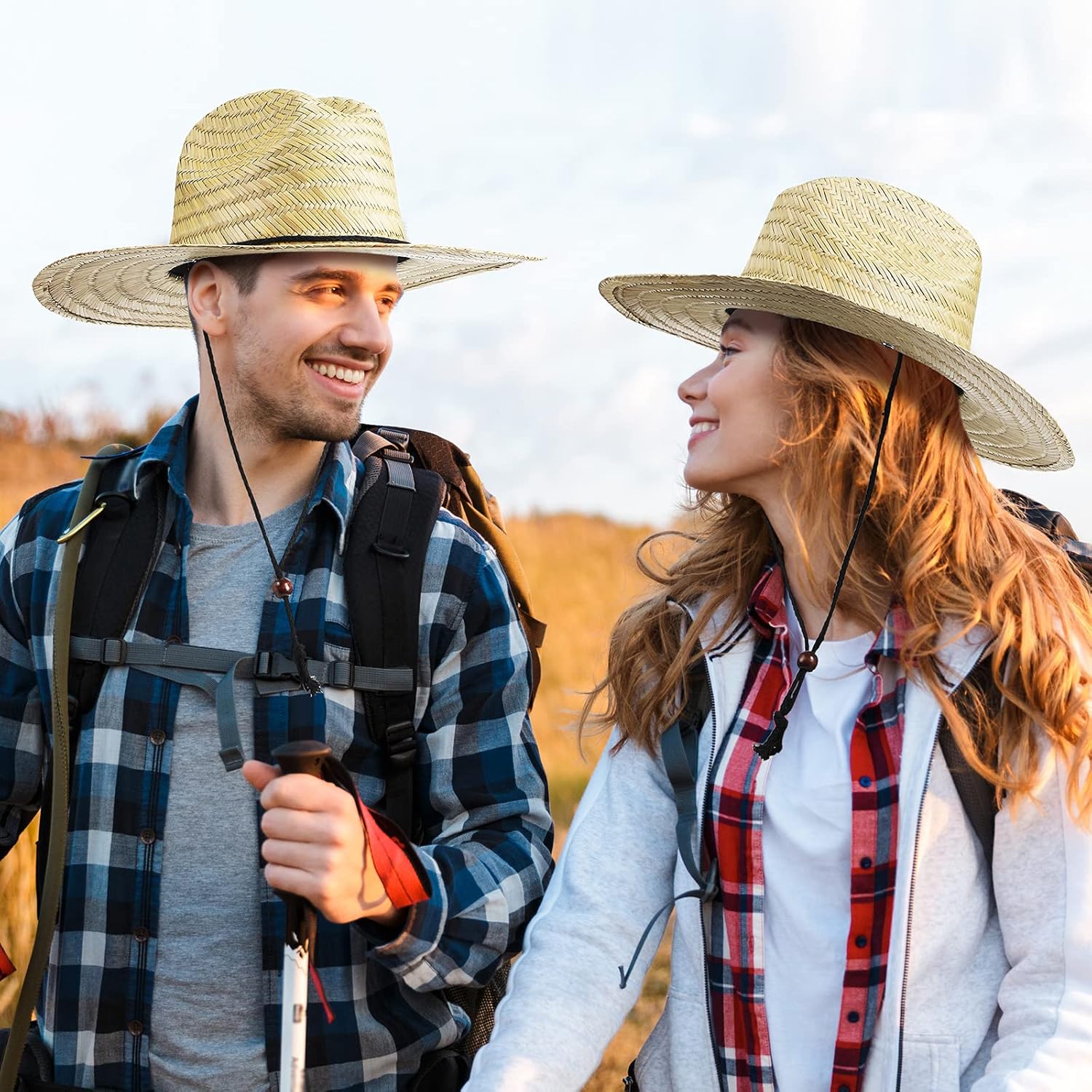 6 Pieces Men's Straw Sun Hat Wide Brim Summer Beach Hat Farmer Sun Protection Straw Hat with Removable Wind Lanyard Yellow - Image 5