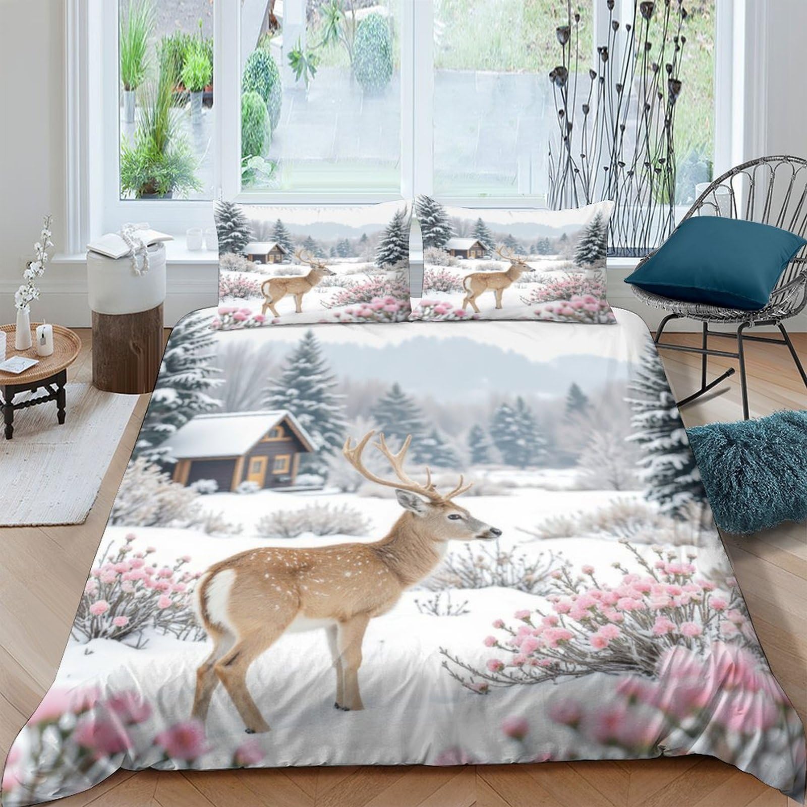 Ctjqhvkz Style-8 3D Printed Winter Deer Fitted Sheet Microfiber Scenic Snow Cabin Mattress Cover For Bedroom Guest Room Modern Decor Single（135X200cm）