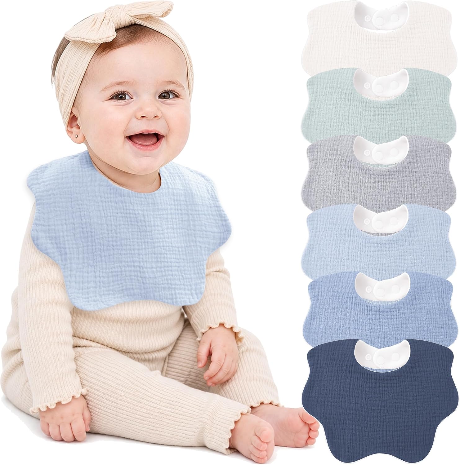 Bearmoss Muslin Baby Bibs for Drooling & Teething Cotton Drool Bib 6 Pack | Soft Absorbent Adjustable Bibs for Unisex Boys and Girls,Easy to Clean for Infant,Toddler, Newborn,Wider design,0-36 Months