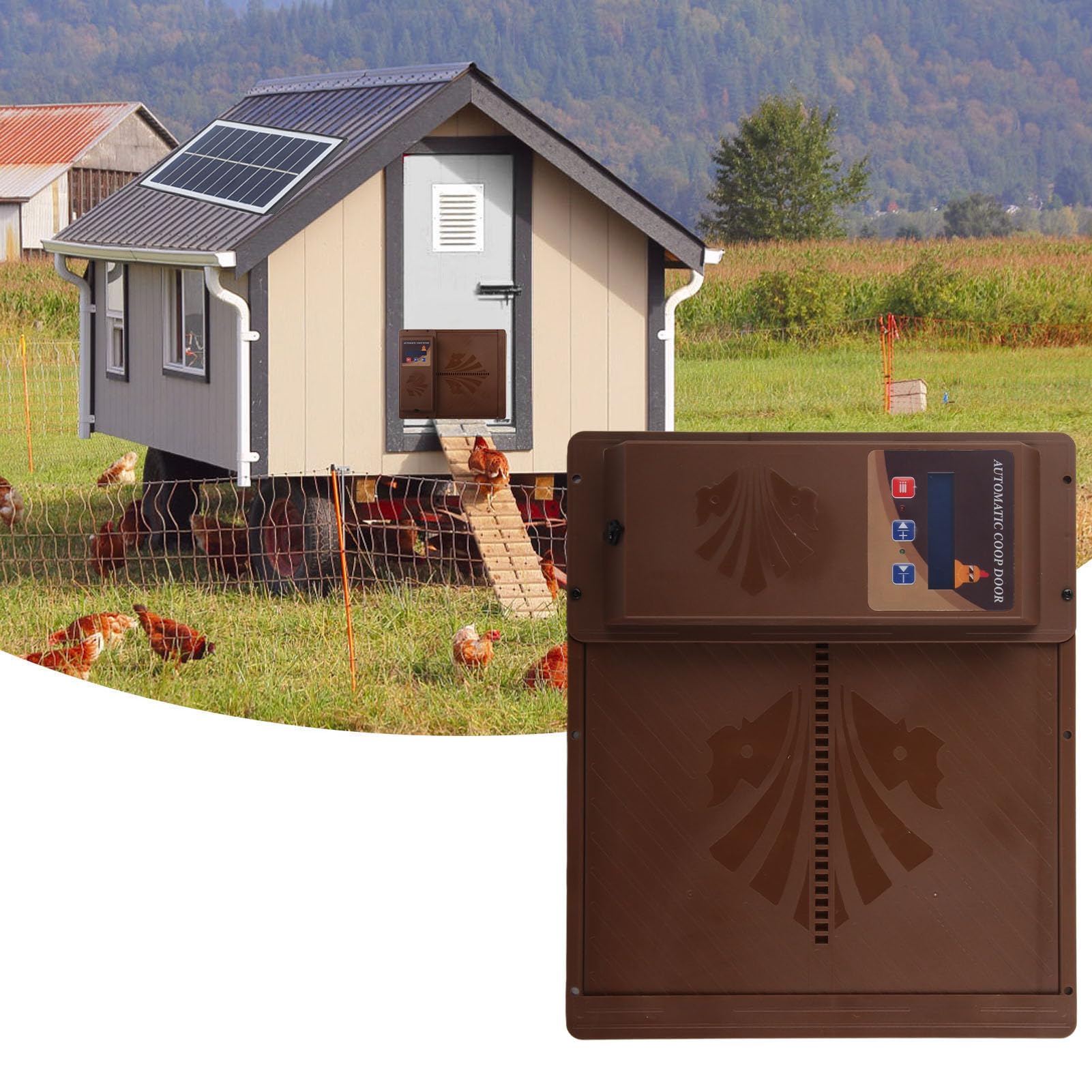 Jiawu Porta Automatica per Pollaio con Timer, Apriporta USB per Pollaio Esterno con Apertura Orizzontale per Protezione Dai Predatori, Apertura Trasparente 10,6x7,9 Pollici per Polli e Anatre (BROWN)