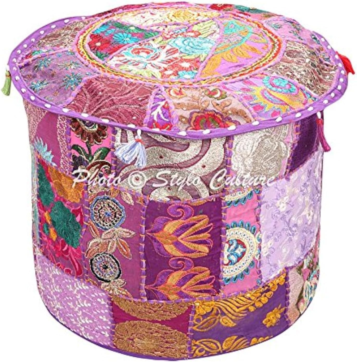 Ethnic Patchwork Ottoman Pouf Cover Round Embroidered Pouffe Purple Cotton Floral Traditional Furniture Footstool Seat Puff (22x22x14) Bean Bag Living Room Decor