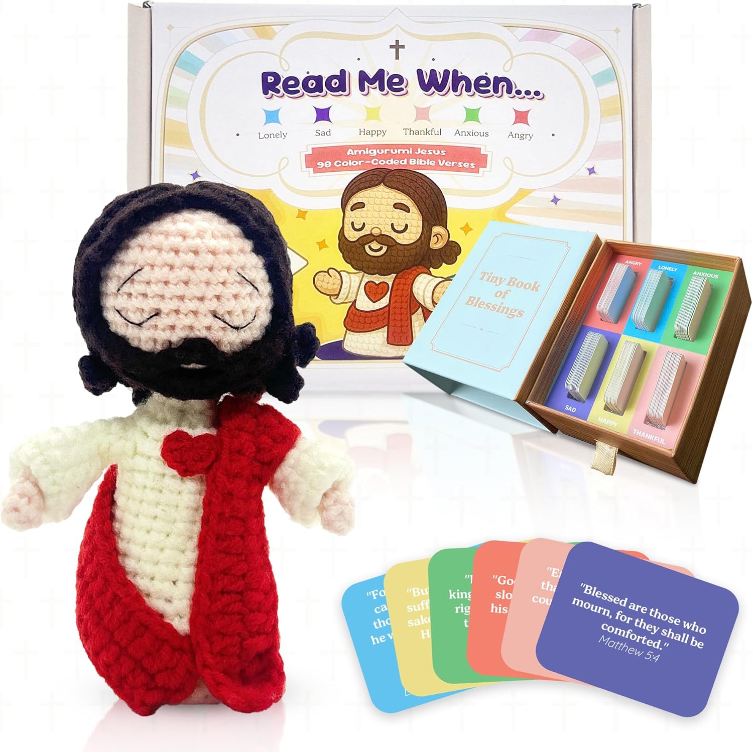 Christian Bible Verse Scripture Cards with Crochet Jesus Plush, Christian Gifts for Women, Inspirational Prayer Cards, Christian Easter Gift, Easter Basket Stuffers for Teens, Faith Gift for Women Daily Encouragement Gift Set