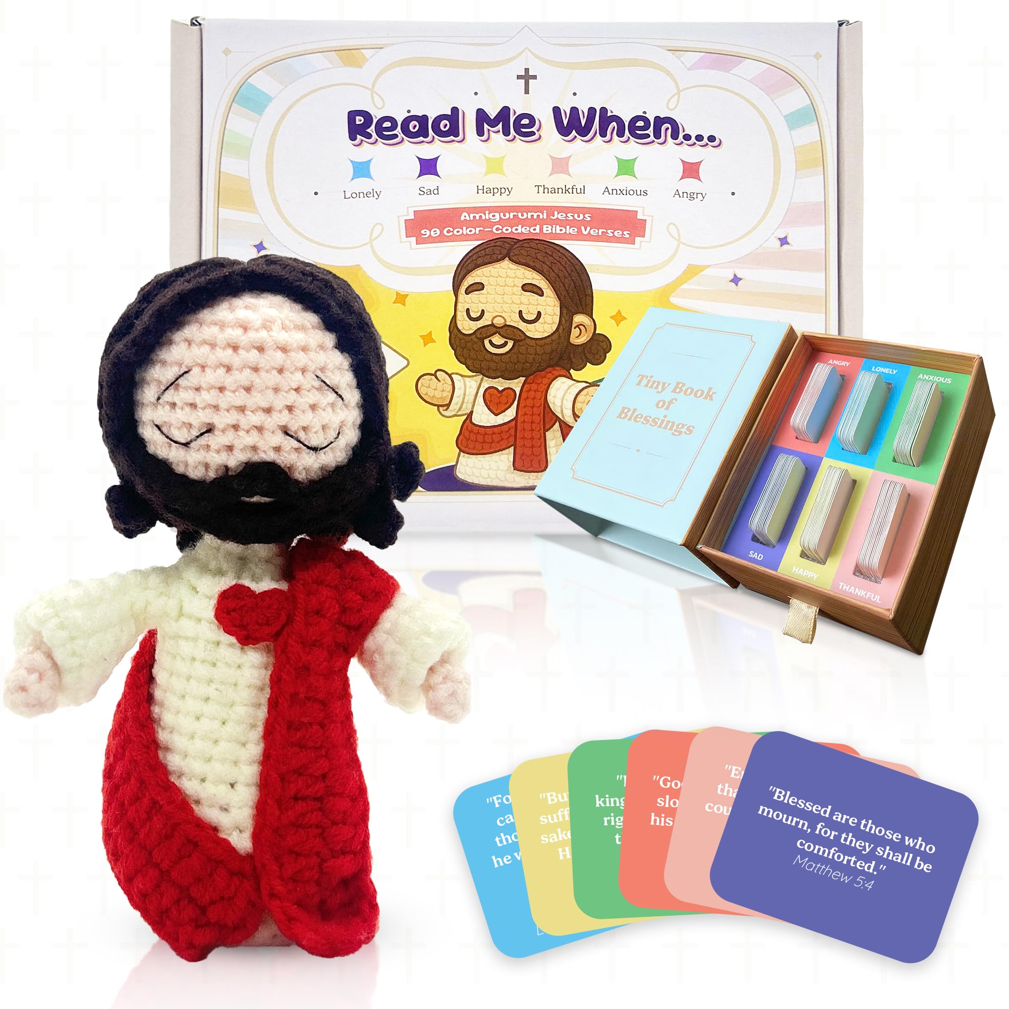 Jesus Plush Christian Bible Verse Scripture Cards with Crochet Jesus Stuffed, Christian Gifts for Women, Inspirational Prayer Cards, Faith Gift for Women Communion Gifts Read Me When Baptism Gifts Encouragement Gift