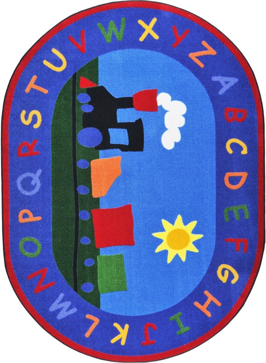 Joy Carpets Kid Essentials Infants & Toddlers Tiny Train Rug, Multicolored, 5'4" x 7'8" Oval