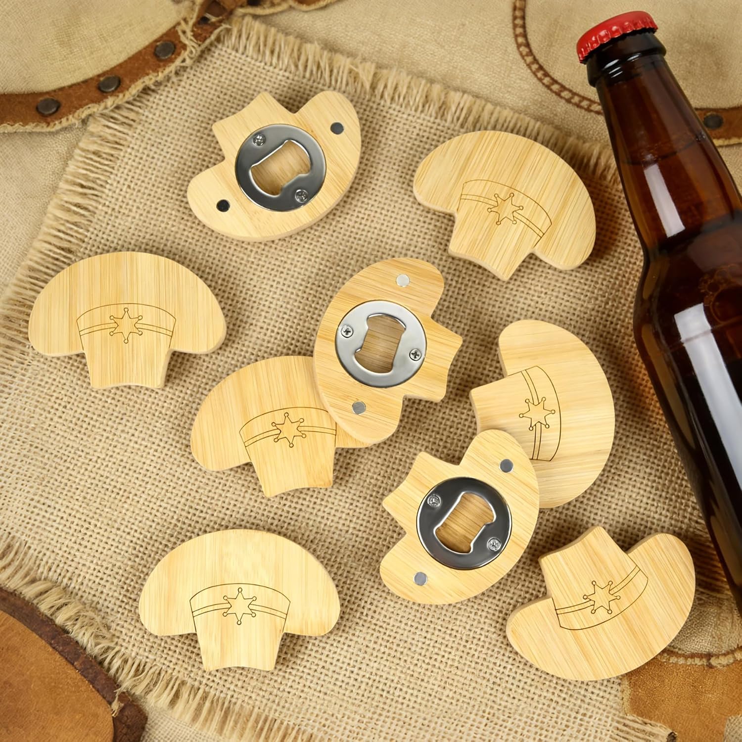 24 Pcs Magnetic Bottle Openers 3.5in DIY Wood Western Cowboy Hat Shaped Beer Openers Wooden Fridge Magnets Unique Rustic Bottle Opener Set Gift for Beer Lover Wedding Western Cowboy Party Favors