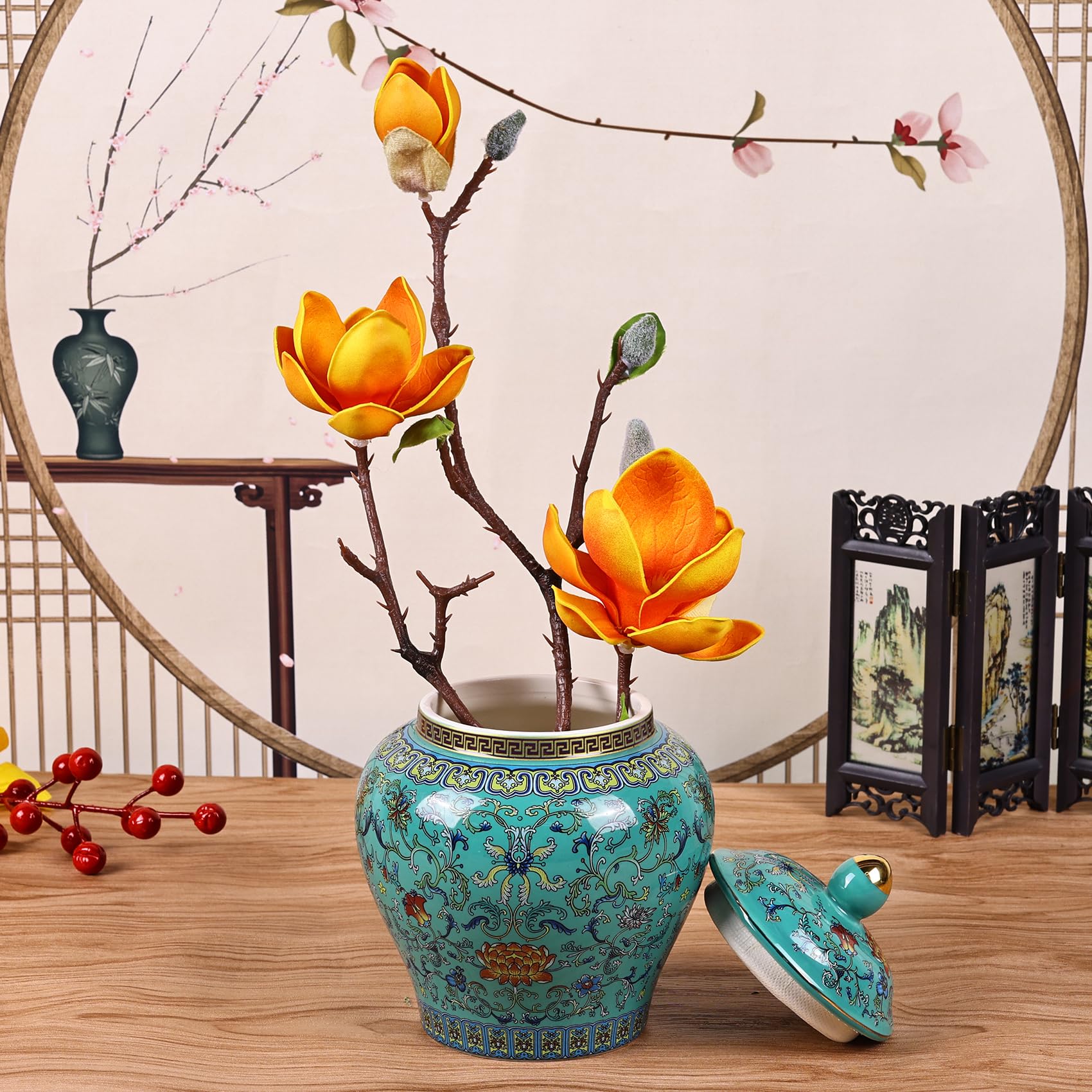 Handgefertigtes Emaille-Ingwergefäß - Lebhaft gefärbte Chinoiserie-Vase, blau-weiße Porzellan-Keramik-Dekorgefäß mit Deckel für Heimdekoration und Aufbewahrung (General Green)