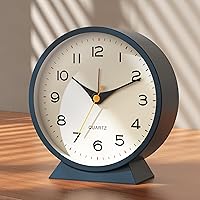 AYRELY 4.5" Retro Analog Alarm Clock - Silent Battery Operated Metal Desk Clock with Night Light, Blue Bedroom Nightstand Decor