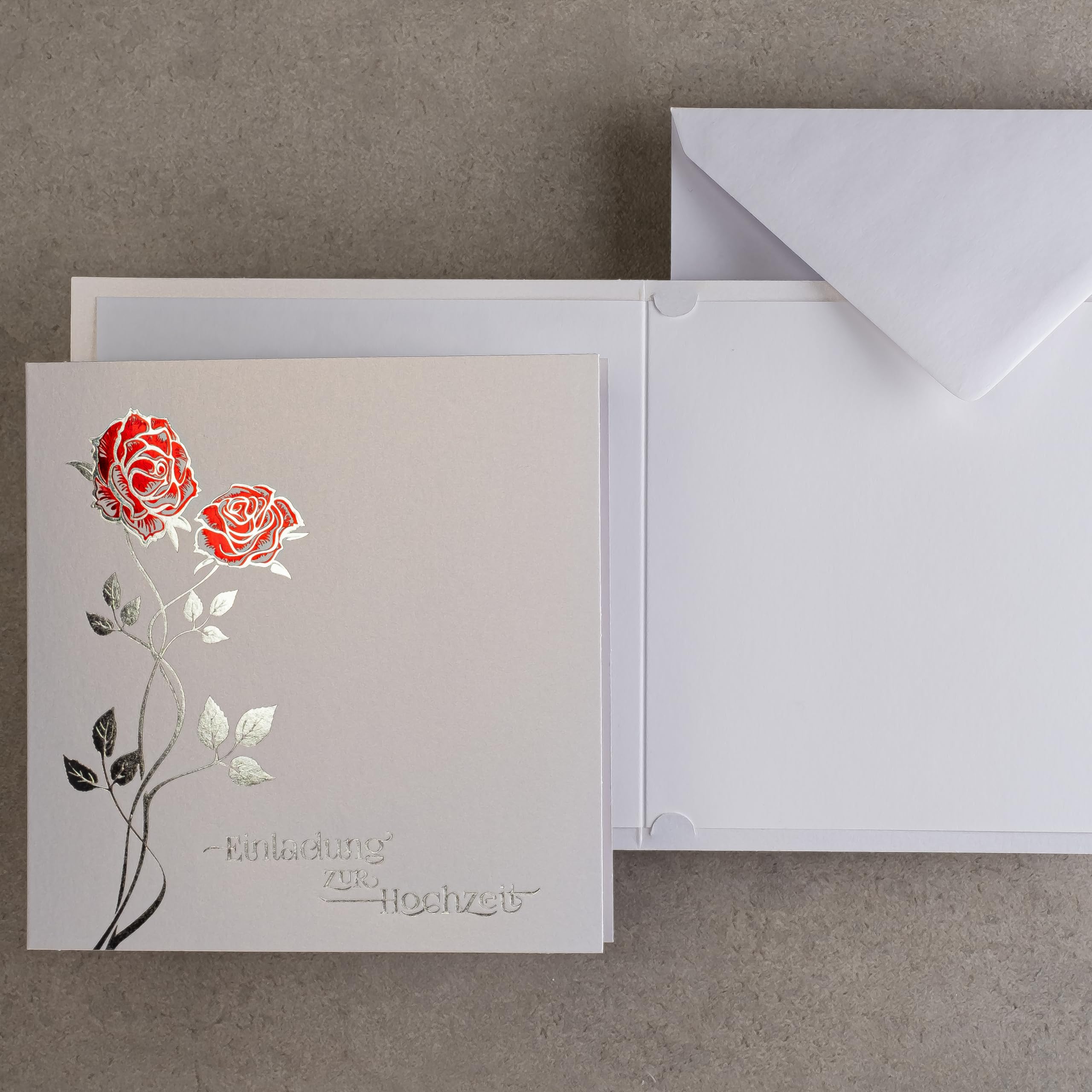 HOCHZEITSEINLADUNGEN - SATZ 20 St, 135x135mm MIT BEDRUCKBAREN EINLAGEN UND UMSCHLÄGEN FÜR HOCHZEIT – FARBIGE, METALLISCHE FOLIE, GEPRESSTES MUSTER AUF METALLICPAPIER, ZAP_DE_21